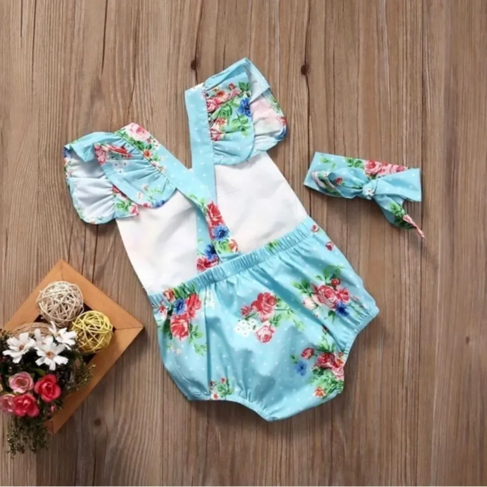 NEW SZ 0-3 month girls one piece floral baby romper w/ headband, strap w/ button